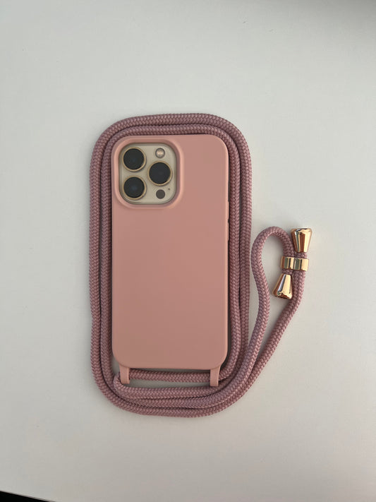 Rosé all day - Rose Pink iPhone Crossbody Case with Pink Rope